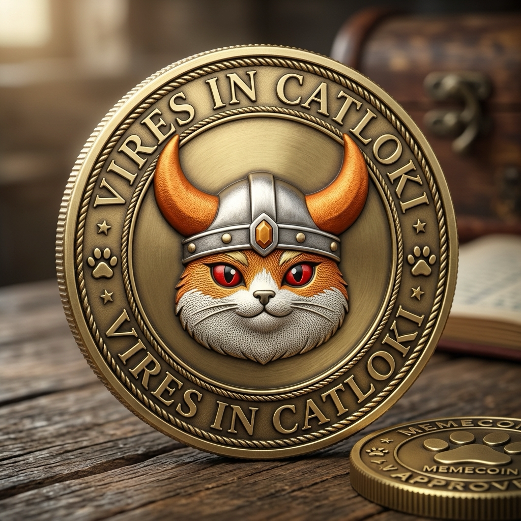 CATLOKI 3D bronze coin emblem featuring the Viking cat and the inscription VIRES IN CATLOKI